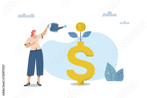 Return on investment or interest on deposit, Growth of investment profit, Personal finance management concept, Female investor is watering a growing money plant and is issuing coins. Vector design.