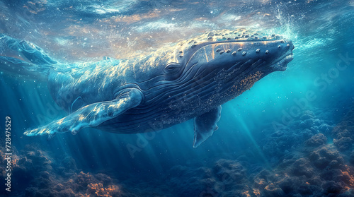An image of a whale swimming in the ocean. Image of a majestic sea animal for covers, banners and other projects about the protection of whales and all marine fauna. © Olga