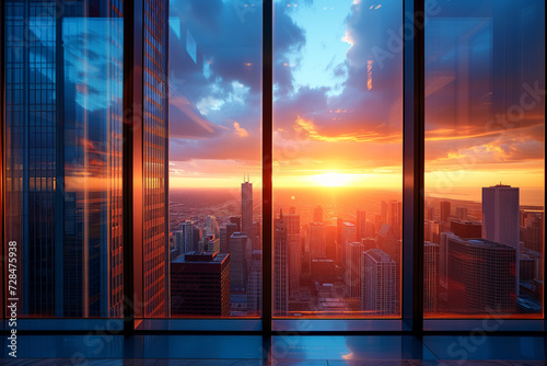 City skyline at sunset viewed from glass window of a modern building