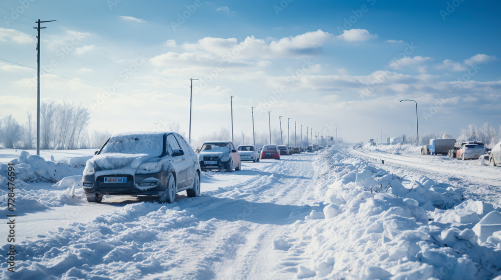 Winter Commute on a Snowy Roadside created with Generative AI technology