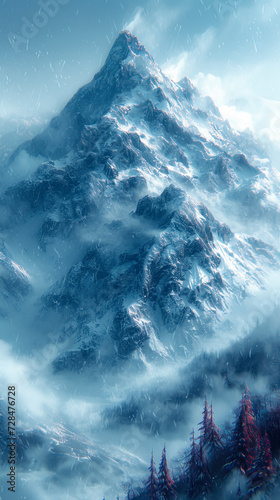 Majestic Snow-Capped Mountain Peak in Winter created with Generative AI technology