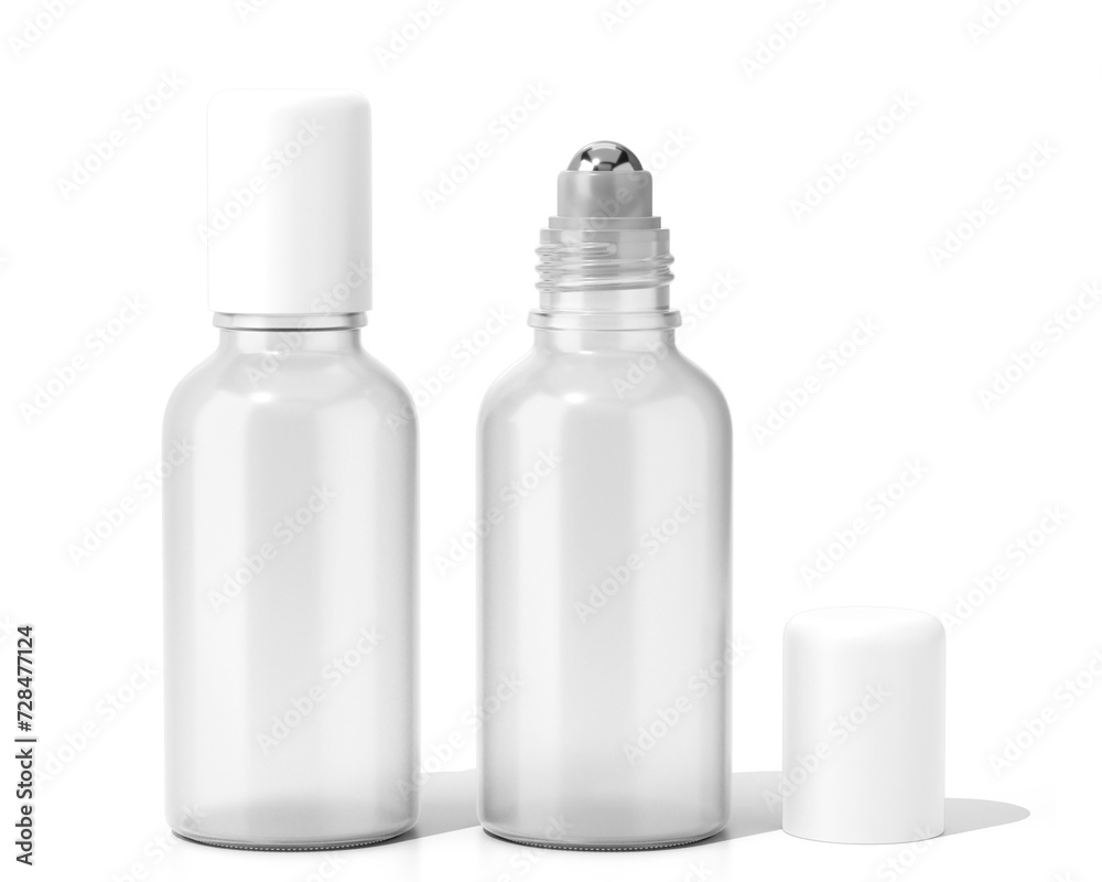 Blank Clear White Roll On Glass Bottle Packaging Isolated On Transparent Background, Prepared For Mockup, 3D Render. Blank Clear White Roll On Glass Bottle Packaging Isolated On Transparent Background, Prepared For Mockup, 3D Render.