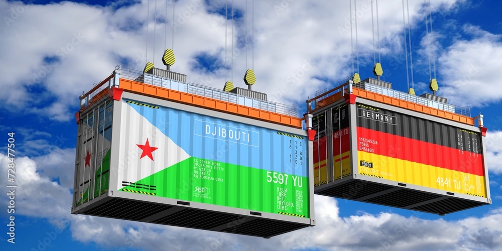 Shipping containers with flags of Djibouti and Germany - 3D illustration