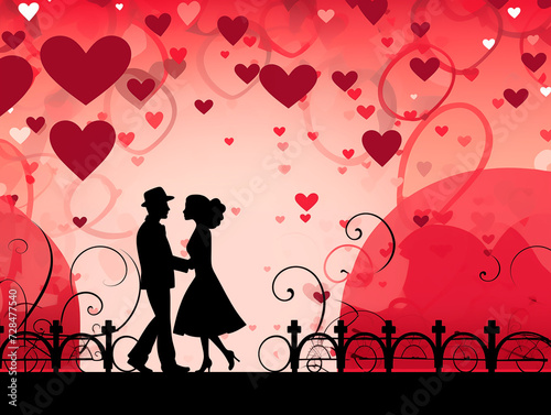 Romantic card, silhouettes of lovers with a bicycle, trees and hearts on the background. flat style vector illustration.