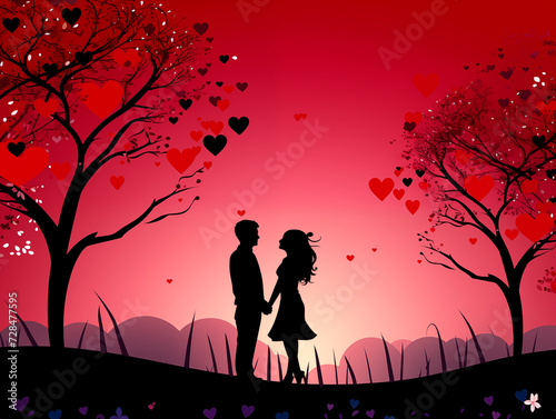 Romantic card  silhouettes of lovers with a bicycle  trees and hearts on the background. flat style vector illustration.