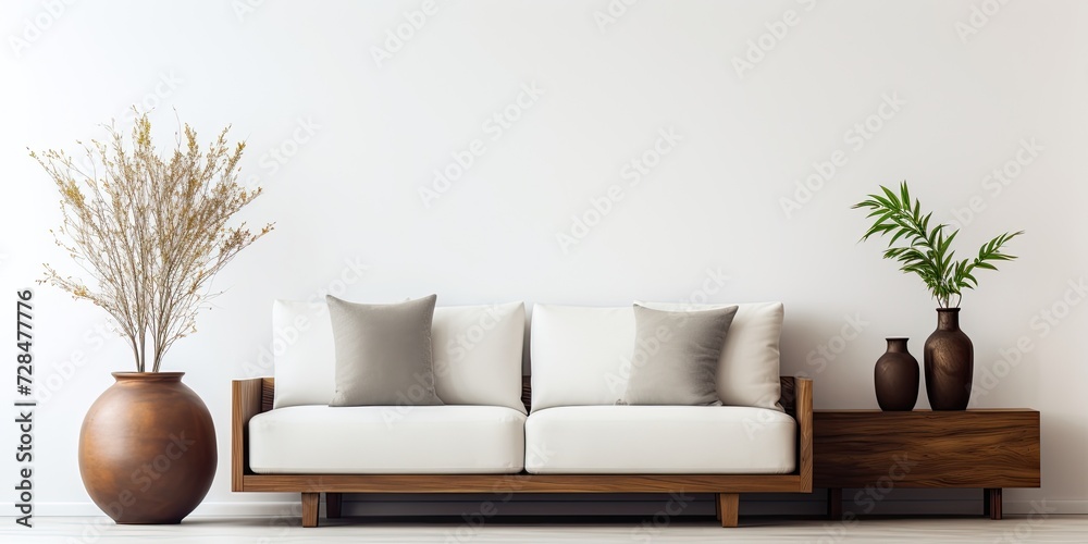 Contemporary living room design with wood furniture and metal vases, featuring a minimalist aesthetic concept. Contemporary living room design with wood furniture and metal vases, featuring a minimalist aesthetic concept.