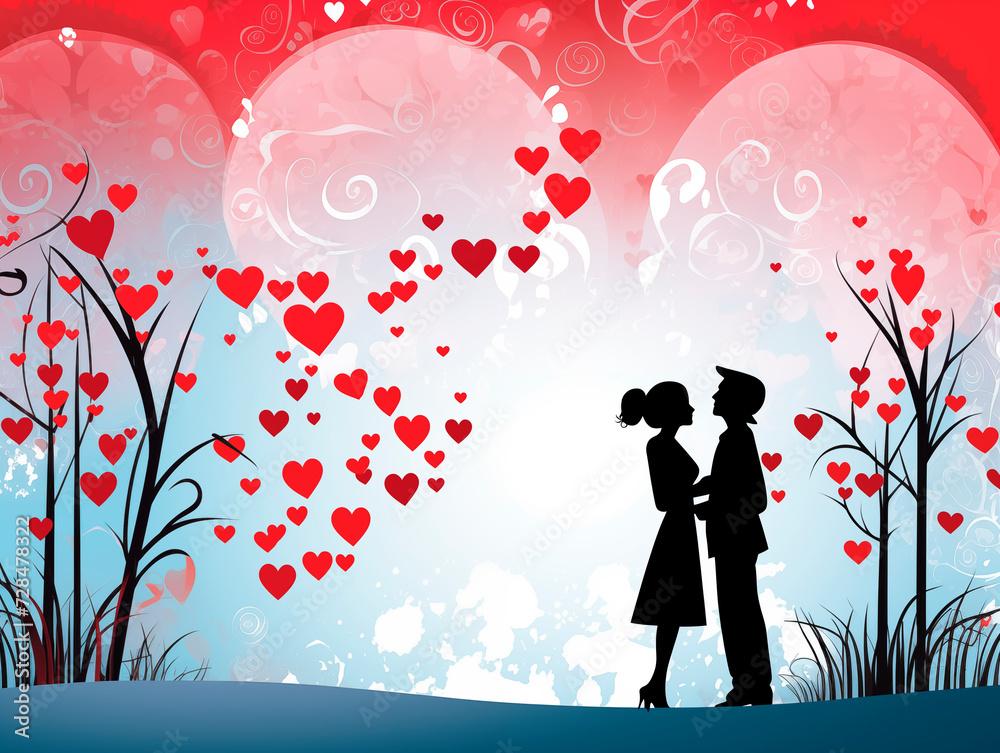 Romantic card, silhouettes of lovers with a bicycle, trees and hearts on the background. flat style vector illustration. Romantic card, silhouettes of lovers with a bicycle, trees and hearts on the background. flat style vector illustration.