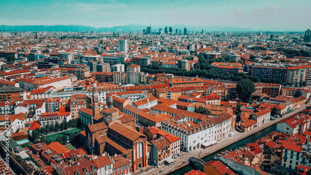Milan city skyline aerial view. The theatrical performance shot from the Milan cityscape. Aerial footage. Milan drone footage