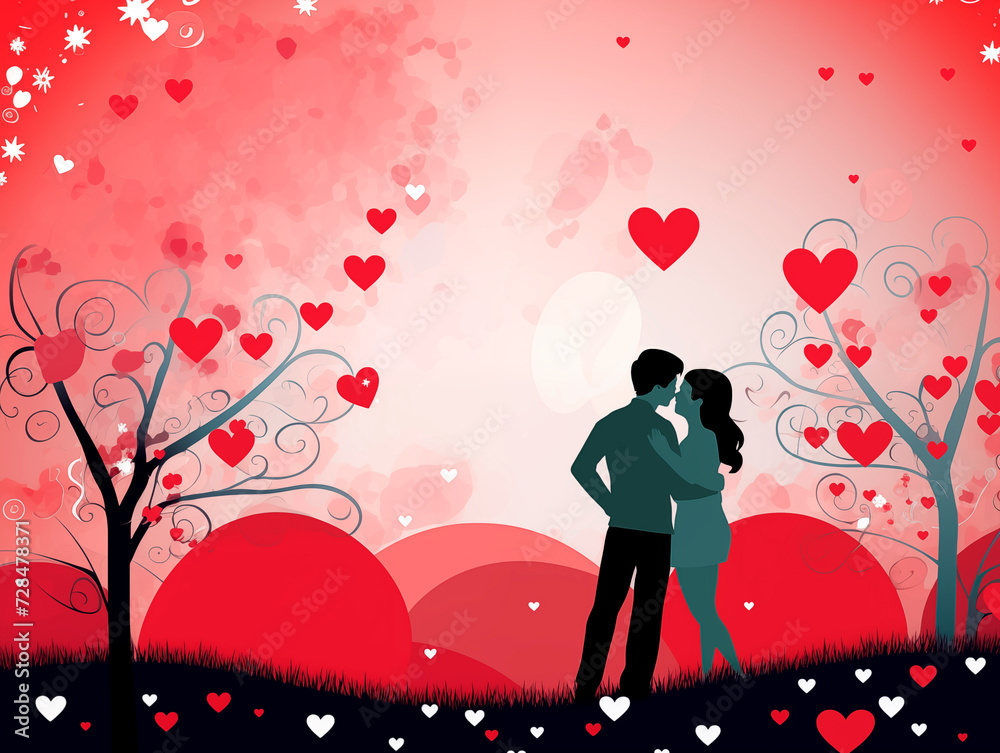 Romantic card, silhouettes of lovers with a bicycle, trees and hearts on the background. flat style vector illustration. Romantic card, silhouettes of lovers with a bicycle, trees and hearts on the background. flat style vector illustration.