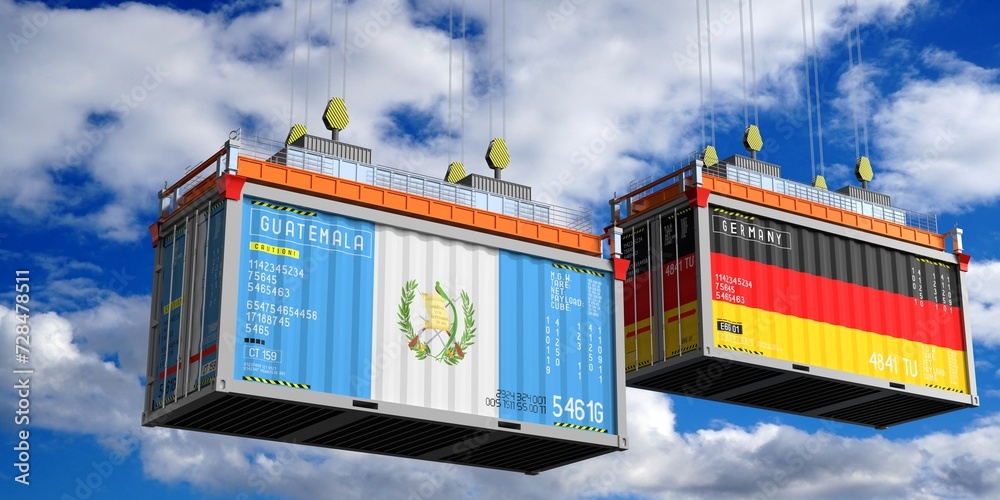 Shipping containers with flags of Guatemala and Germany - 3D illustration