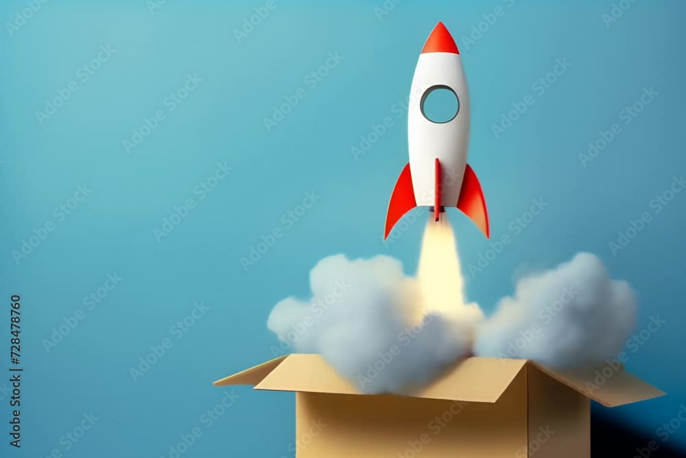 Rocket taking off from a cardboard box on blue background, delivery, startup and business concept. Rocket taking off from a cardboard box on blue background, delivery, startup and business concept.