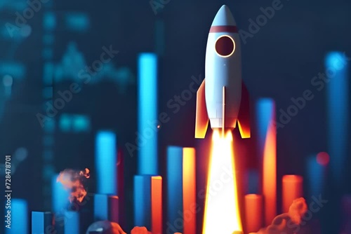 Rocket and bar graph on blue background, finance and business concept. photo