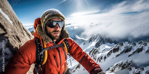 Portrait of a man alpinist conquering a snowy mountain peak. Climber close-up on the top of a mountain with a backpack.