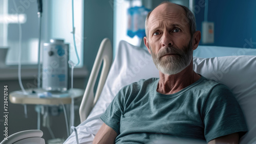 Portrait of an elderly man 50 years old in a hospital bed against the backdrop of the hospital interior. cancer patient recovery concept