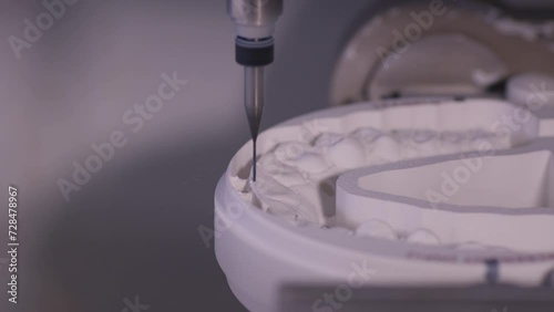 Close up. Professional CNC dental milling machine carving out shape of artificial teeth in the dental lab. One of the steps in making of artificial teeth by dental technician in the clinic.
