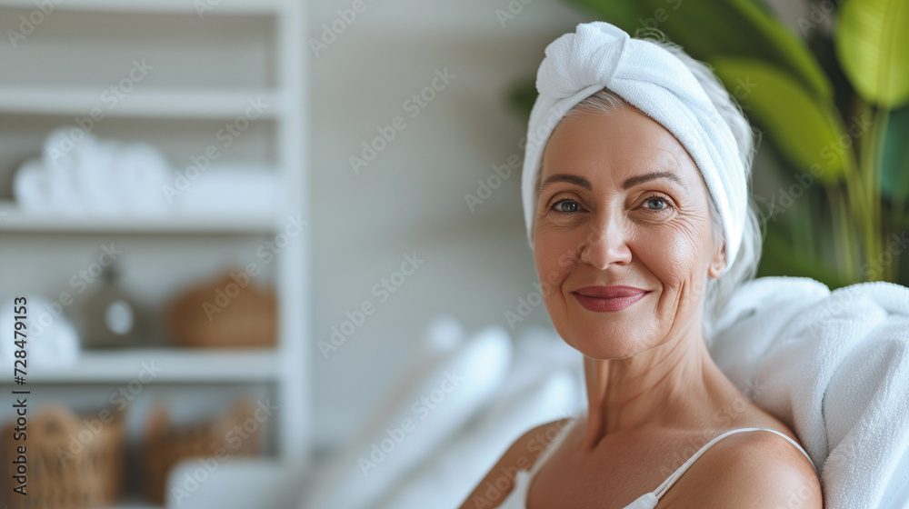 A mature happy woman in her 70s, a white caucasian at a day spa salon, wearing a headband, advert for skincare health products for mature menopause skin for anti ageing and relaxation wellness - obrazy, fototapety, plakaty 