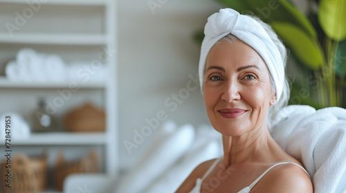 A mature happy woman in her 70s, a white caucasian at a day spa salon, wearing a headband, advert for skincare health products for mature menopause skin for anti ageing and relaxation wellness photo
