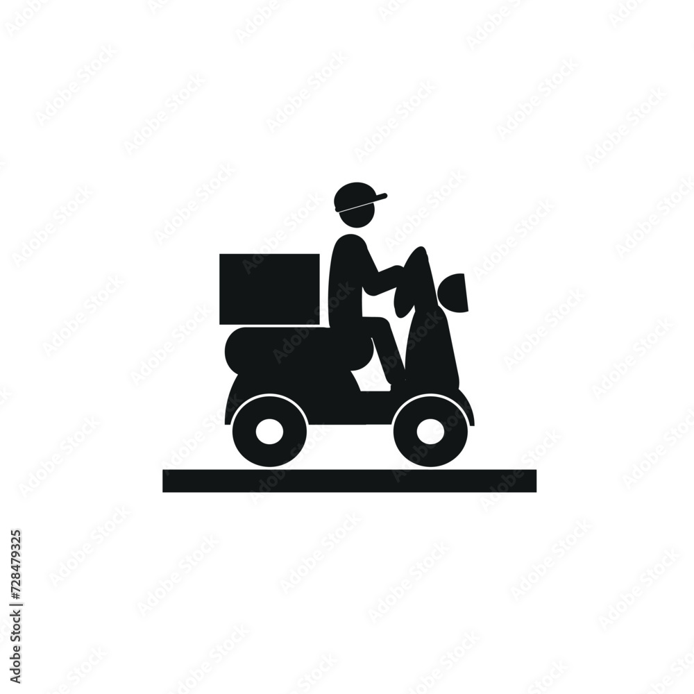 pizza delivery, hot lunches, courier on a personal motorcycle, scooter, human figure, flat vector illustration