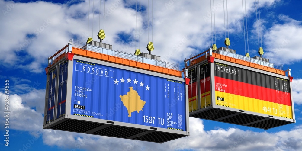 Shipping containers with flags of Kosovo and Germany - 3D illustration