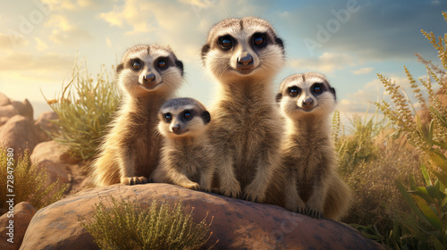 a realistic scene of a family of meerkats, meerkat on guard, meerkat on the lookout, group of meerkat on the lookout