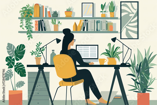 Generative AI illustration of a woman focused on her computer in a well decorated home office with multiple plants and shelves photo