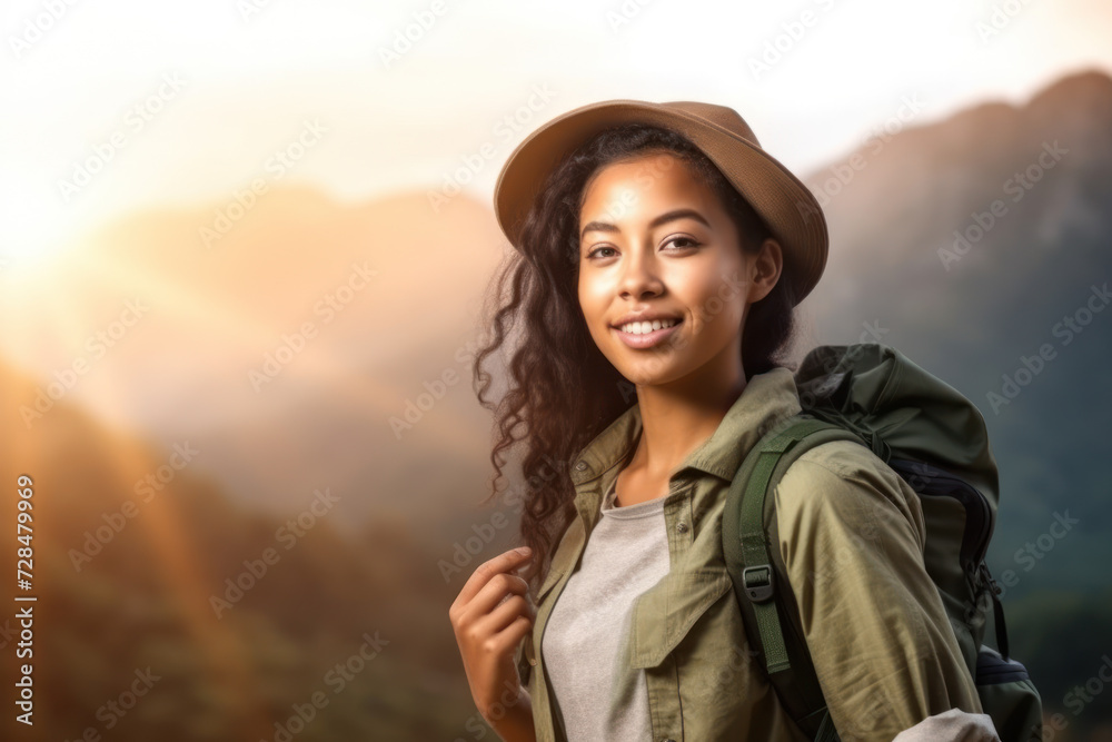Yong beautiful mix race woman in sunglasses with backpack walking at backcountry. Close up portrait. Unfocused background, copy space Yong beautiful mix race woman in sunglasses with backpack walking at backcountry. Close up portrait. Unfocused background, copy space