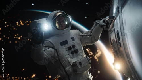 Portrait of a Young Male Astronaut Posing in a Space Suit During a Spacewalk Outside a Spaceship, Satellite or a Space Station. Spaceman Looking, Smiling and Waving Hello at Camera photo