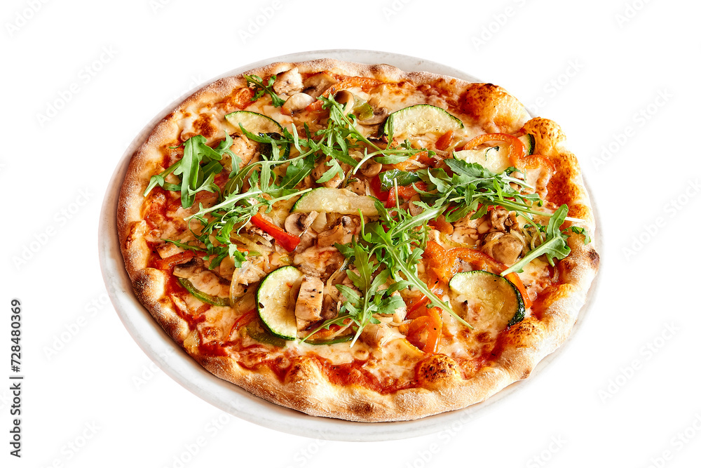 Plate with a delicious pizza isolated on white Plate with a delicious pizza isolated on white
