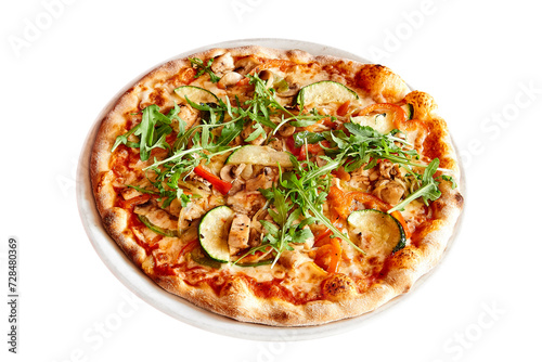 Plate with a delicious pizza isolated on white