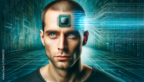 An artificial intelligence chip implanted in the human head. The implant is in a man's brain.