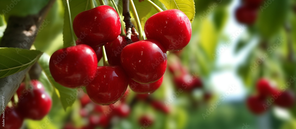 Fresh ripe red sweet cherry in a garden. Agriculture harvest theme. Healthy food. Fresh ripe red sweet cherry in a garden. Agriculture harvest theme. Healthy food.
