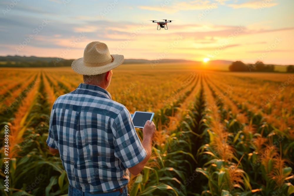 custom made wallpaper toronto digitalA lone farmer stands in his sun hat, tablet in hand, overlooking the vast corn field under the summer sky, a symbol of hard work and dedication in the world of agriculture