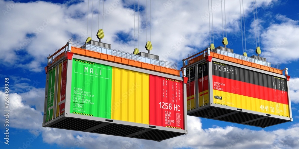 Shipping containers with flags of Mali and Germany - 3D illustration