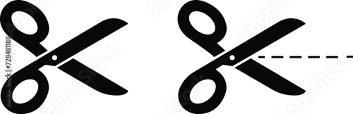 Scissors, trim flat or line icons set. Black Vector collection isolated on transparent background. Cut here guidance, scissors and dash. Coupon mark and symbol for cropping, signifying voucher element