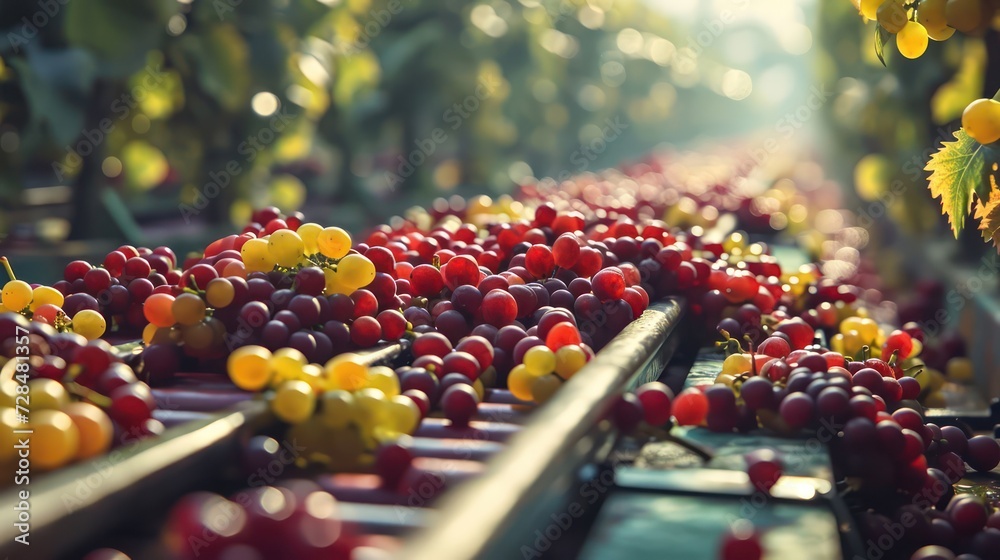 conveyor belt production line, capturing the intricate details of each plump grape in transit against a fresh and fruity backdrop - obrazy, fototapety, plakaty 
