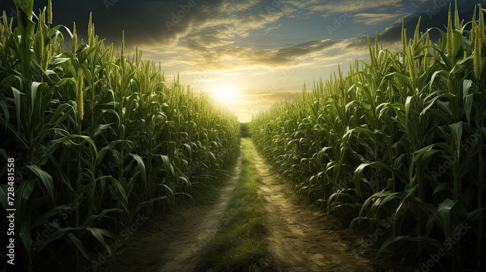 Breathtaking view of a sprawling corn field illuminated by the glorious colors of a setting sun. Breathtaking view of a sprawling corn field illuminated by the glorious colors of a setting sun.