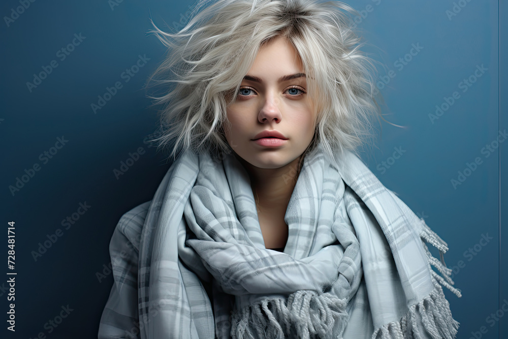Serene Morning Gaze: Portrait of a Young Woman Wrapped in a Cozy Scarf