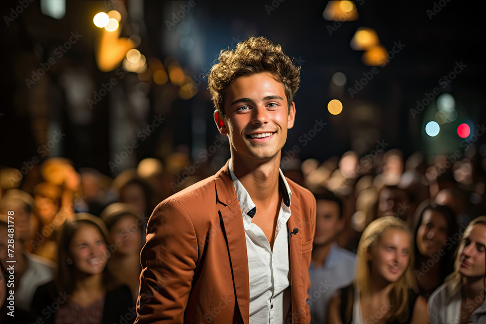 Young A man stands proudly before a captivated crowd, conducting their emotions with his mesmerizing performance. Young A man stands proudly before a captivated crowd, conducting their emotions with his mesmerizing performance.