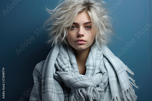 Serene Morning Gaze  Portrait of a Young Woman Wrapped in a Cozy Scarf