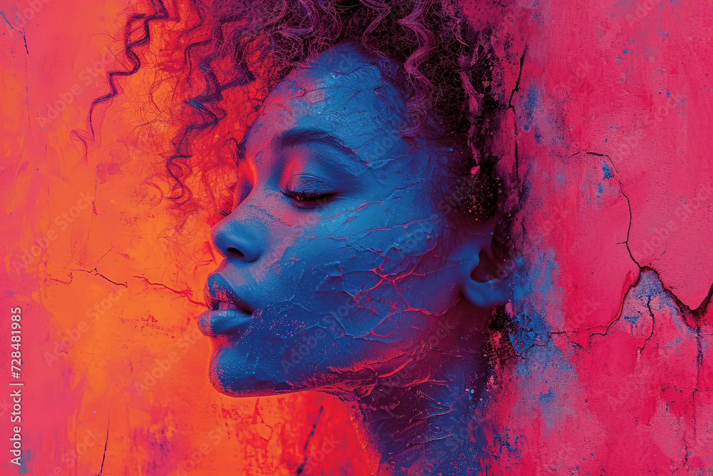 © ADDICTIVE STOCK - Generative AI illustration of serene portrait of a woman with blue toned skin contrasting against a vibrant red cracked background, evoking a strong artistic and mystical mood