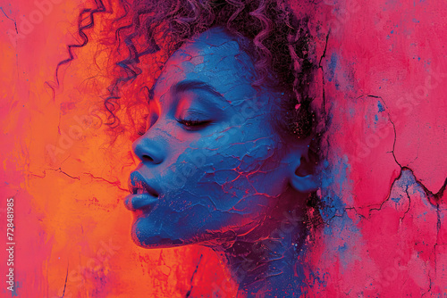 Generative AI illustration of serene portrait of a woman with blue toned skin contrasting against a vibrant red cracked background, evoking a strong artistic and mystical mood photo