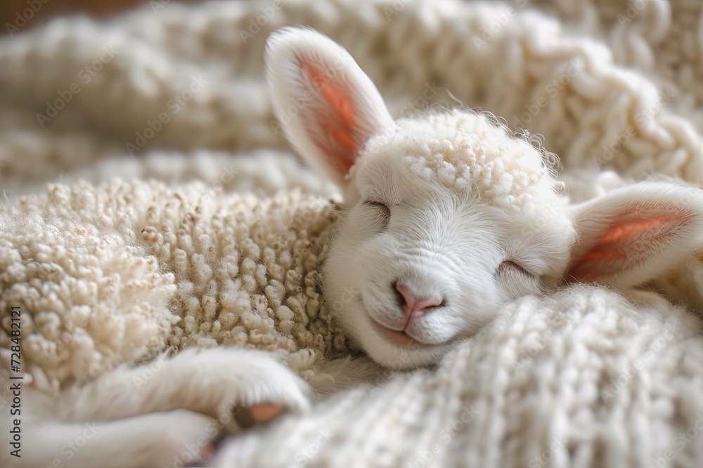 Peaceful Sleeping Baby Lamb on Soft Wool. Generative AI image Peaceful Sleeping Baby Lamb on Soft Wool. Generative AI image