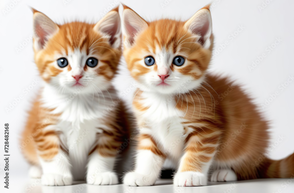 Two pretty fluffy kitten sitting together. Looking at camera with green eyes. Isolated on a white background. Portrait of ginger tabby cat. Beautiful cute orange striped cat close up. Banner design