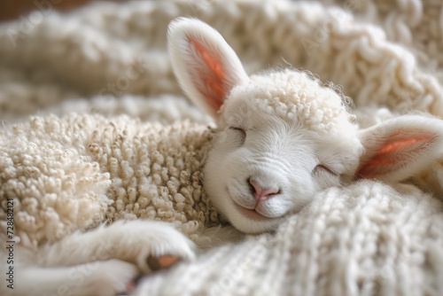 Peaceful Sleeping Baby Lamb on Soft Wool. Generative AI image