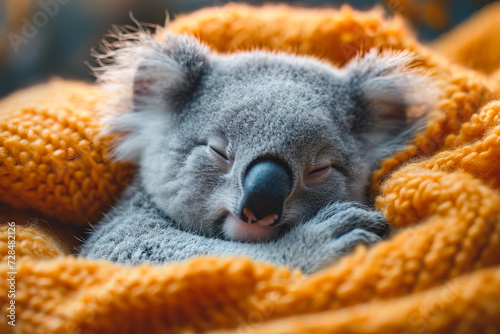 Peaceful Koala Sleeping in a Cozy Yellow Blanket. Generative AI image photo