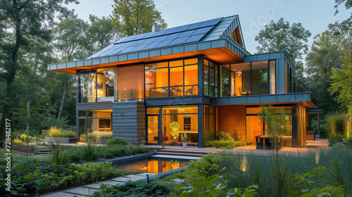 Elegant modern house with spacious, brightly lit rooms surrounded by lush greenery at dusk. © swissa