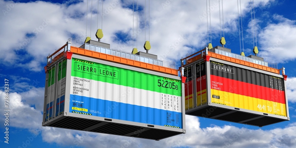 Shipping containers with flags of Sierra Leone and Germany - 3D illustration Shipping containers with flags of Sierra Leone and Germany - 3D illustration
