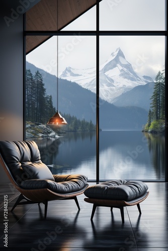 Modern living room with mountain and lake view, leather chair and ottoman