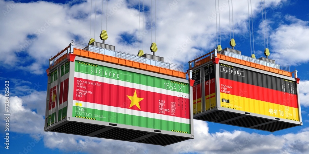 Shipping containers with flags of Suriname and Germany - 3D illustration