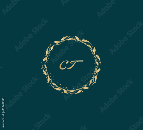 Handwritten golden CT getters logo with a minimalist design. letter CT logo manual elegant minimalist signature logotype. CT letter consist of intertwined elements into circle.